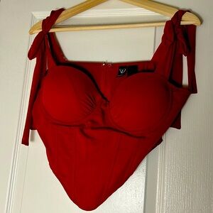 Deep red corset style top L christmas top or valentinenes corset